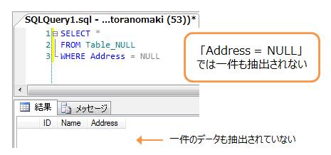 「Address = NULL」では一件も抽出されない